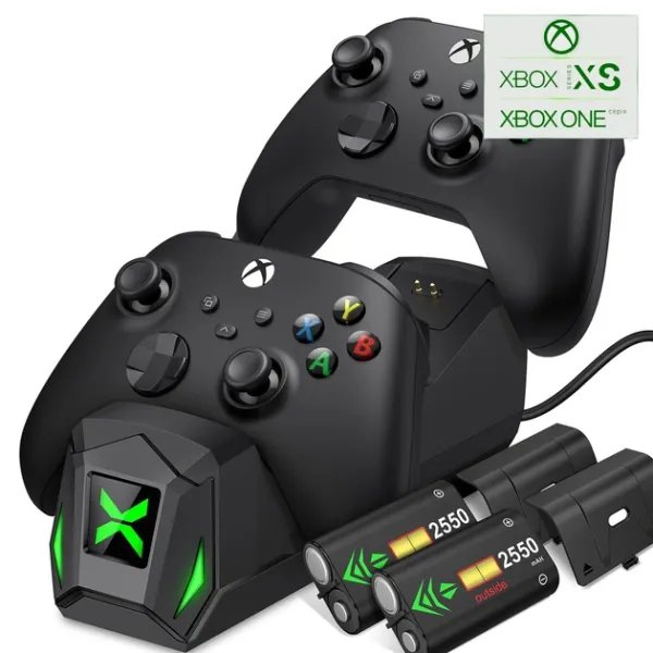 Двойная зарядная dock станция BEBONCOOL с двумя аккумуляторными батареями 2550 mAh подставка для геймпада Microsoft Wireless Controller Xbox Series X | Xbox Series S, Xbox One / X / S / Elite c LED индикаторам статуса зарядки джойстика