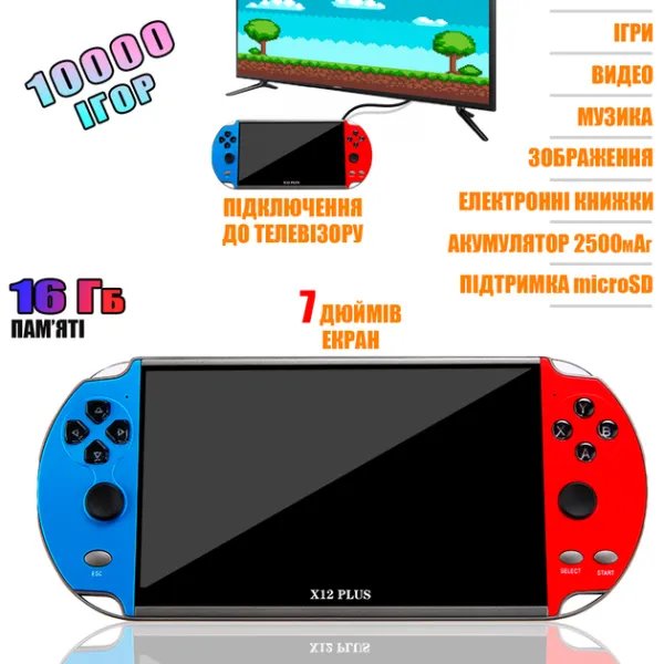 Игровая ретро приставка Puls PSP X12Puls 10000 игр 16gb-7" Портативная консоль с установленными играми, ТВ выход