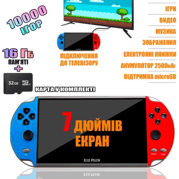 Игровая ретро приставка Puls PSP X12Puls 10000 игр 16gb-7" Портативная консоль с установленными играми, ТВ выход, с картой microSD 32Гб в комплекте