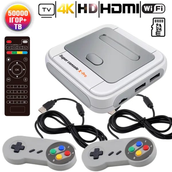 Игровая приставка телевизионная консоль XPro S905FX-PRO WiFi 4K HD с двумя проводными геймпадами Android ТВ онлайн, с эмуляцией 80+ платформ PSP, PS1