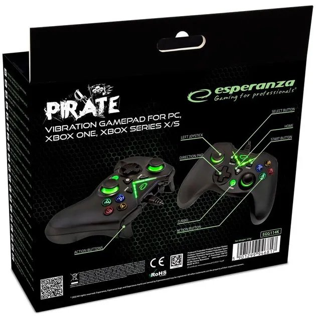 Проводной геймпад Esperanza Pirate PC/XBOX ONE/XBOX SERIES X/S USB 2.0 Black (EGG114K)
