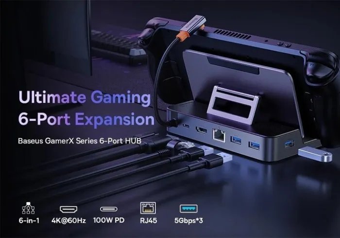 Док-станция Baseus 6в1 100W для Steam Deck|Macbook|iPad|Android (HDMI 4K/ Ethernet/ 3хUSB 3.0/ USB-C 100W)