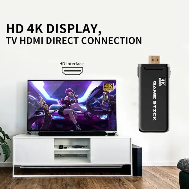 Телевизионная игровая приставка с двумя беспроводными геймпадами 2.4G Gen Game Mini Stick 4k HDMI с встроенными играми Dendy, Sega, Аркадные игры, Game Boy, Nintendo, Atari, PlayStation 1