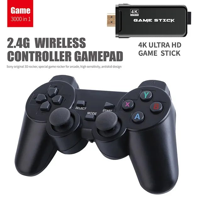 Телевизионная игровая приставка с двумя беспроводными геймпадами 2.4G Gen Game Mini Stick 4k HDMI с встроенными играми Dendy, Sega, Аркадные игры, Game Boy, Nintendo, Atari, PlayStation 1