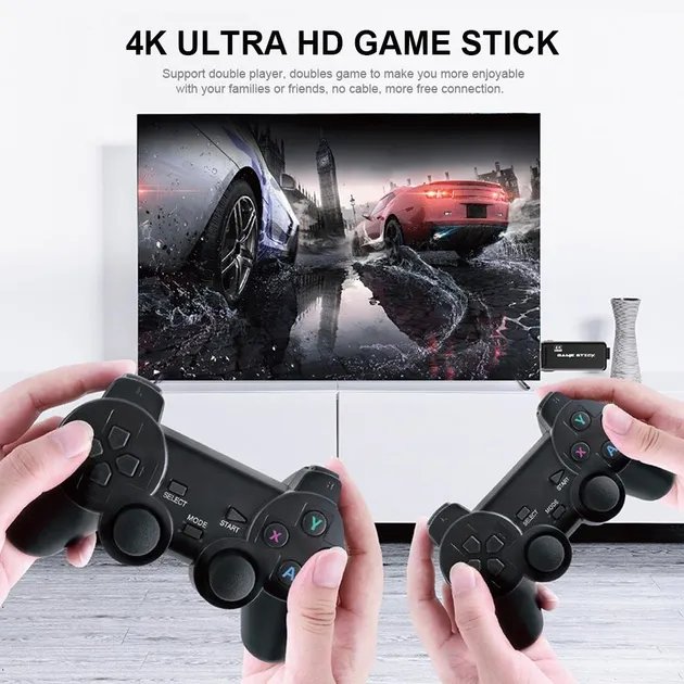 Телевизионная игровая приставка с двумя беспроводными геймпадами 2.4G Gen Game Mini Stick 4k HDMI с встроенными играми Dendy, Sega, Аркадные игры, Game Boy, Nintendo, Atari, PlayStation 1
