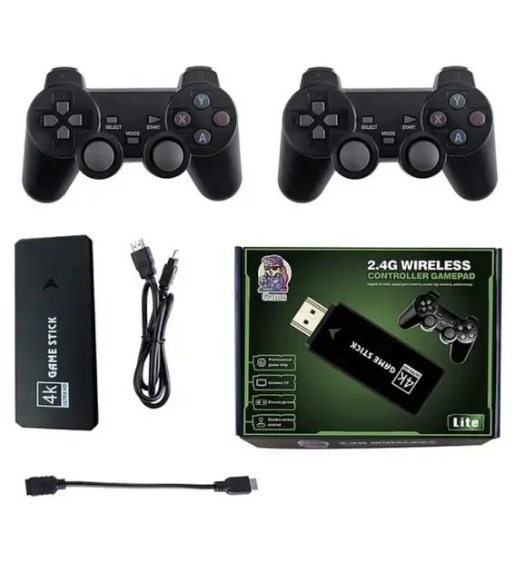 Портативная игровая приставка Game Stick 4K HDMI для телевизора с двумя беспроводными джойстиками, Черный