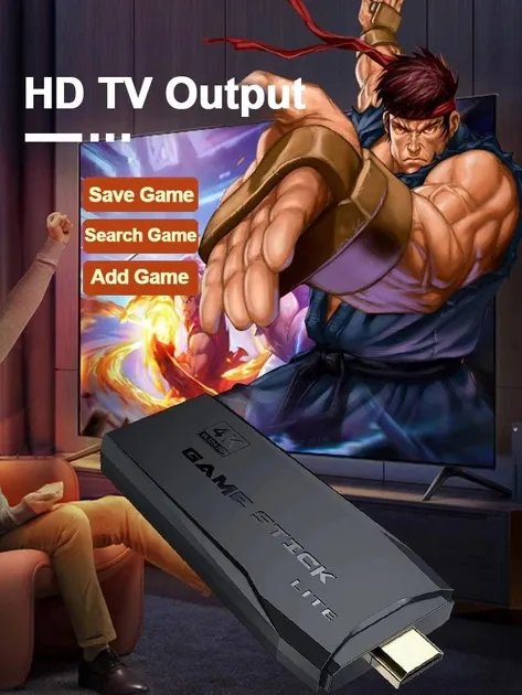 Портативная игровая приставка Game Stick 4K HDMI для телевизора с двумя беспроводными джойстиками, Черный
