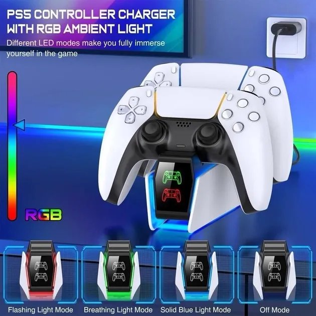 Зарядка для джойстика PS 5 Chargings Station BebonCool Док Станция для PlayStation 5 PS 5 DualSense Dualsense Edge на 2 геймпада с LED RGB подсветкой Белый