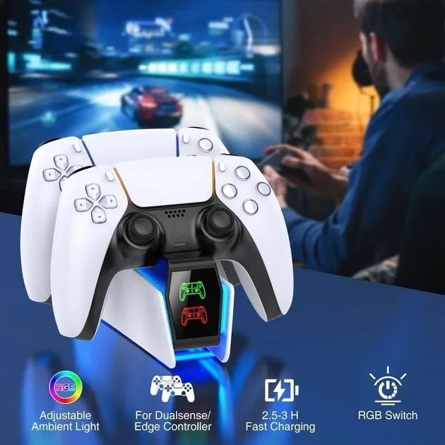 Зарядка для джойстика PS 5 Chargings Station BebonCool Док Станция для PlayStation 5 PS 5 DualSense Dualsense Edge на 2 геймпада с LED RGB подсветкой Белый