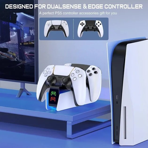 Зарядка для джойстика PS 5 Chargings Station BebonCool Док Станция для PlayStation 5 PS 5 DualSense Dualsense Edge на 2 геймпада с LED RGB подсветкой Белый